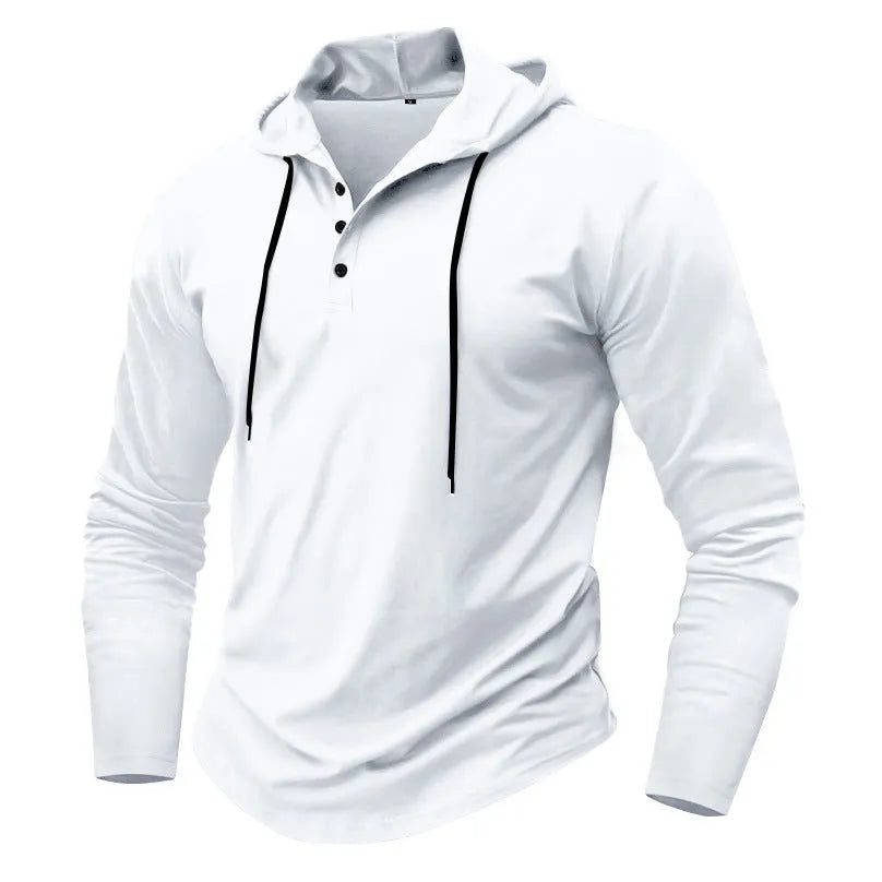 Men's sports hooded long sleeve top in thin polyester fibre, shown in one of 10 colours and sizes S to XXXL