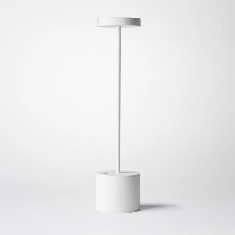 Aluminium rechargeable touch desk lamp in silver finish showing dimmable LED light.