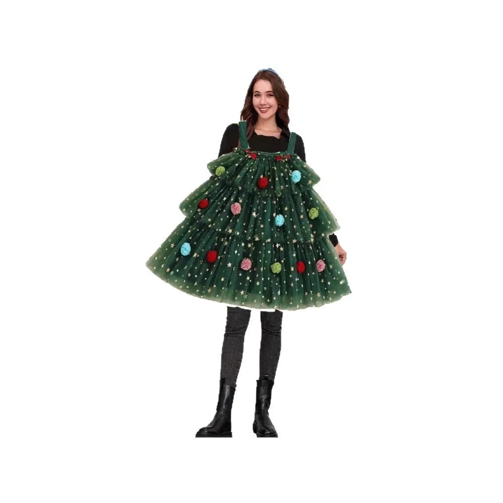 Green mesh polka dot tiered dress with colourful ball decoration and Christmas tree pattern
