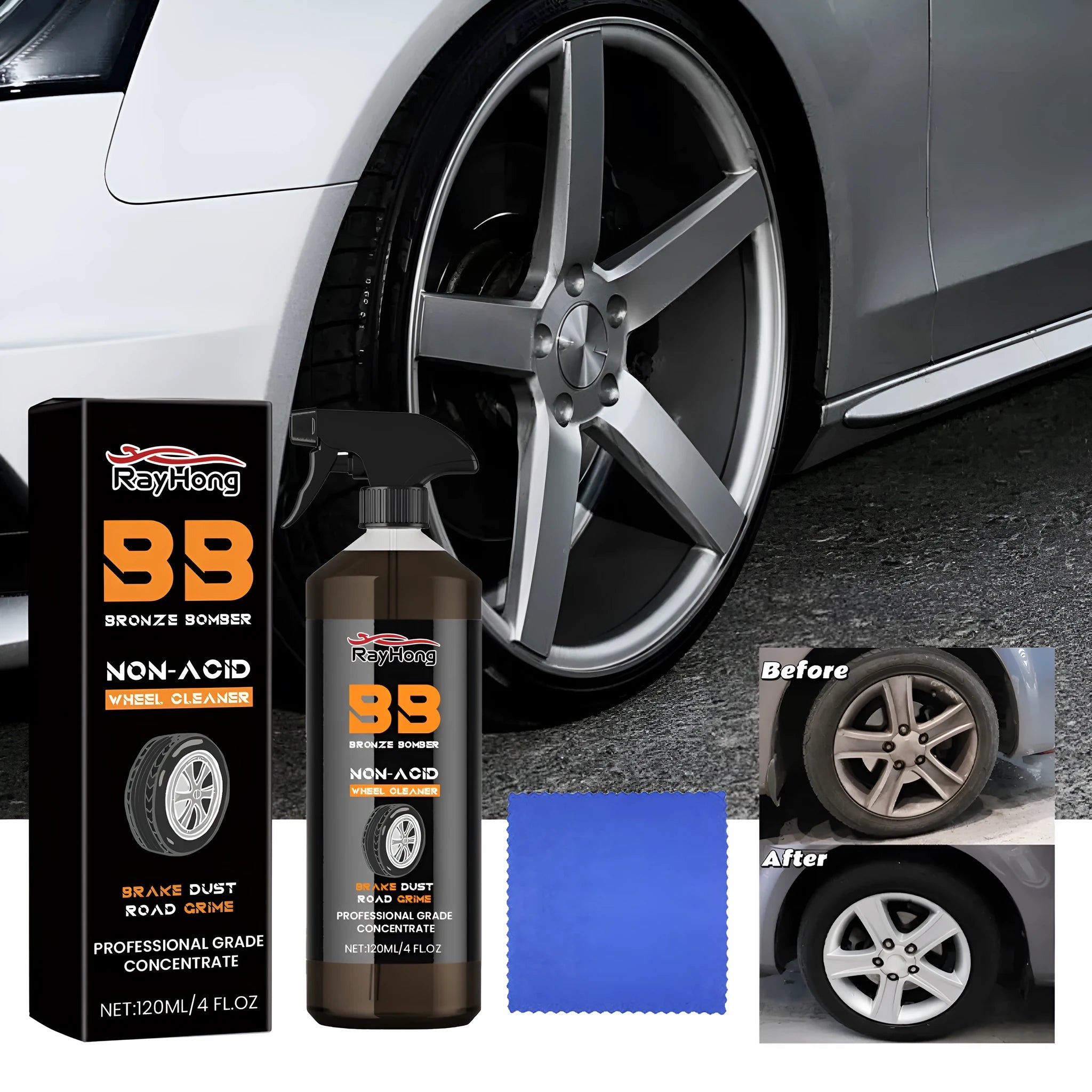 Car tyre cleaner spray bottle and microfibre towel for waterless alloy wheel cleaning