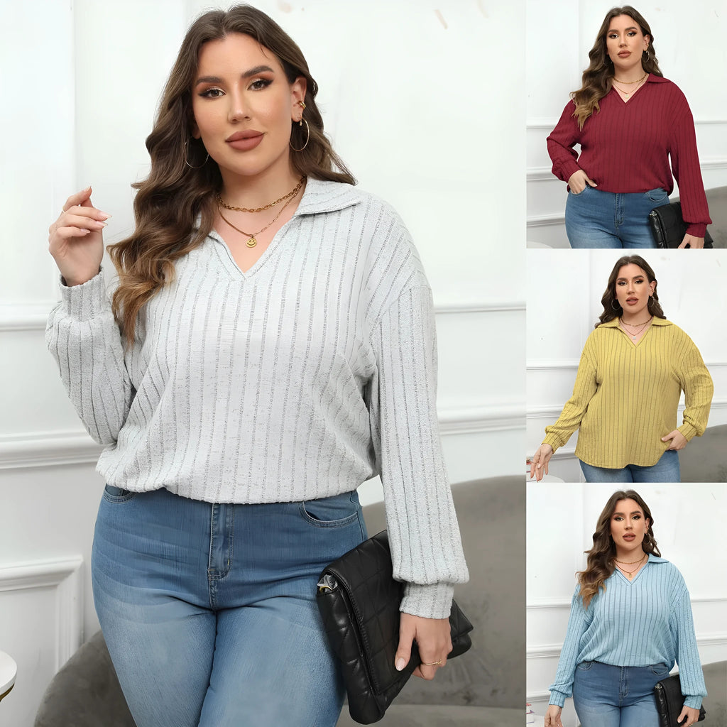 Women's plus size gray polo collar fleece shirt with lantern sleeves in street fashion style