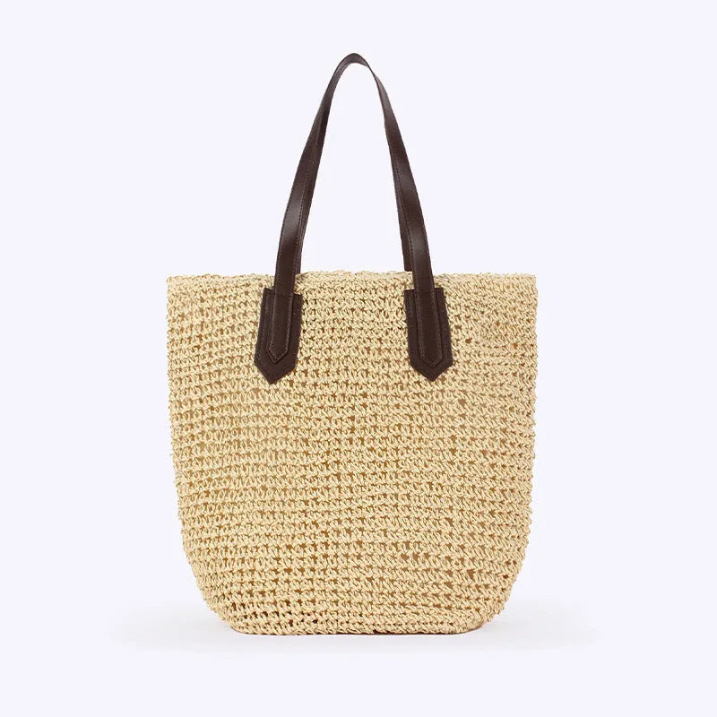 Woven paper straw shoulder bag square vertical with peach skin lining and double straps