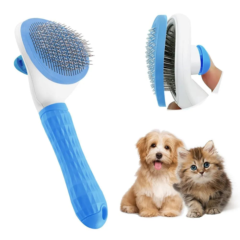 Blue cat grooming brush with a release button on the handle and fine wire bristles.