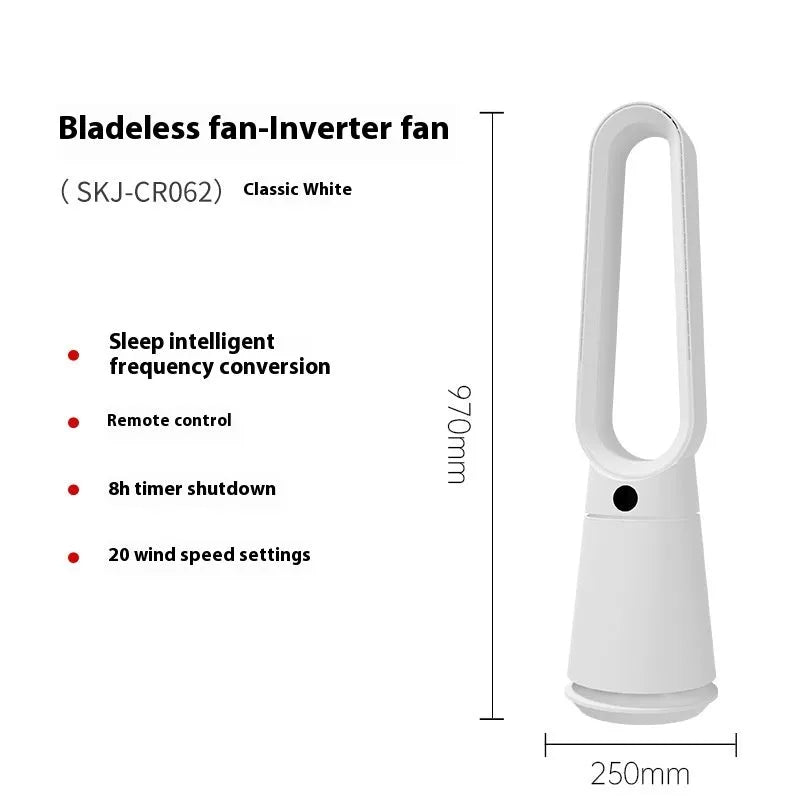 White SK bladeless tower fan with remote control on desktop