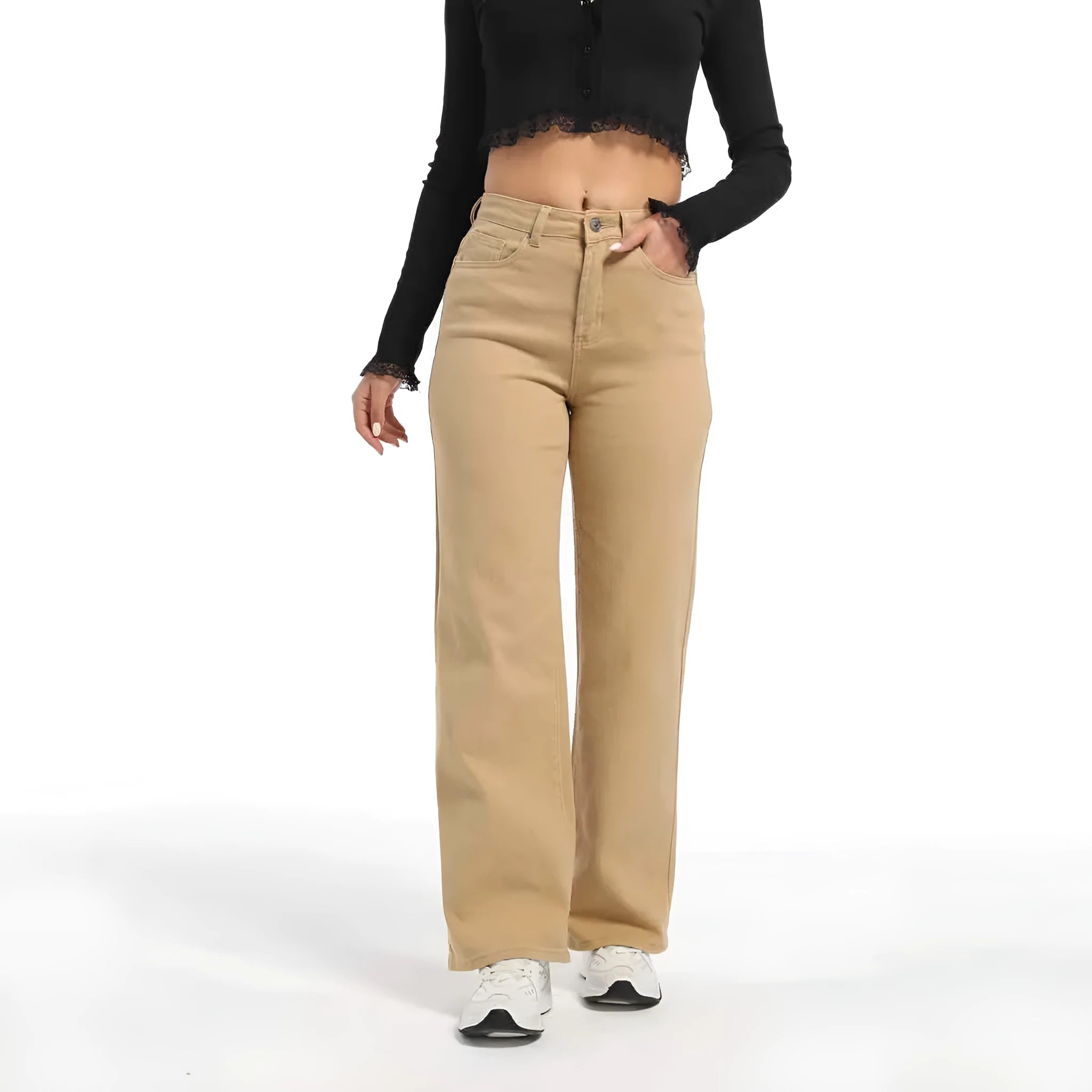 Women's apricot wide-leg straight jeans with high waist on a hanger.