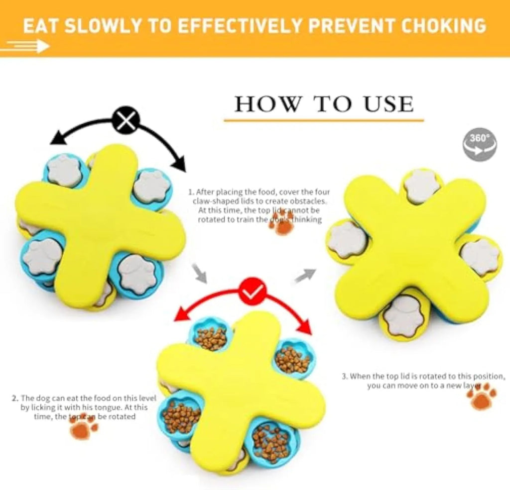 Yellow interactive dog puzzle feeder with three rotating layers and anti-slip base for slow feeding and enrichment.