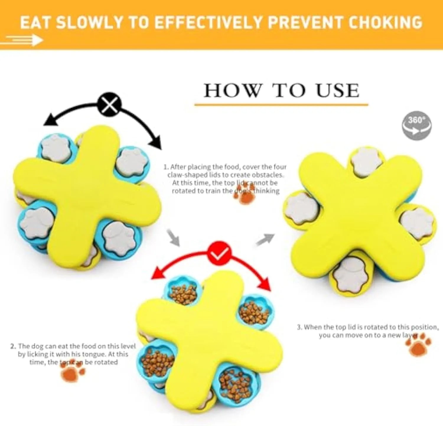 Yellow interactive dog puzzle feeder with three rotating layers and anti-slip base for slow feeding and enrichment.