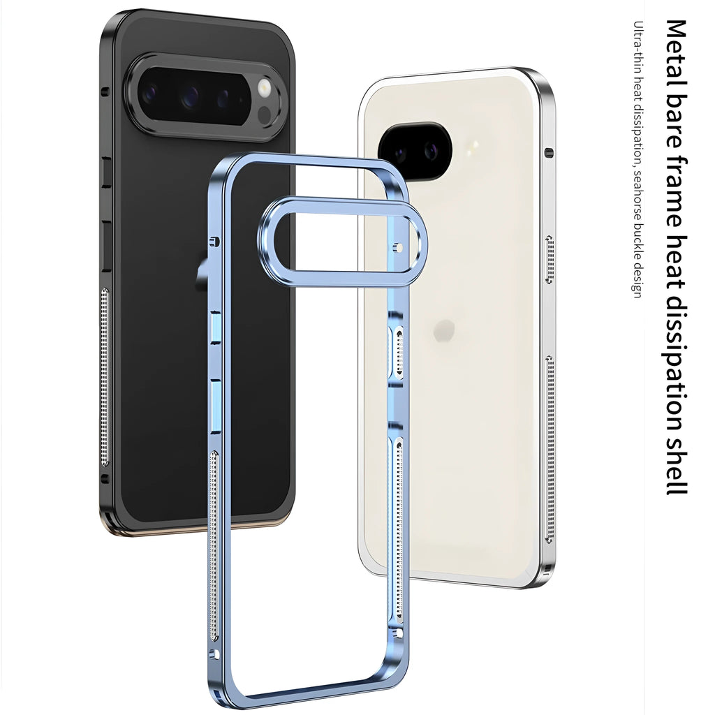 Aluminum alloy heat dissipation phone case for Google Pixel 9 in black, showing half-pack design and bracket.
