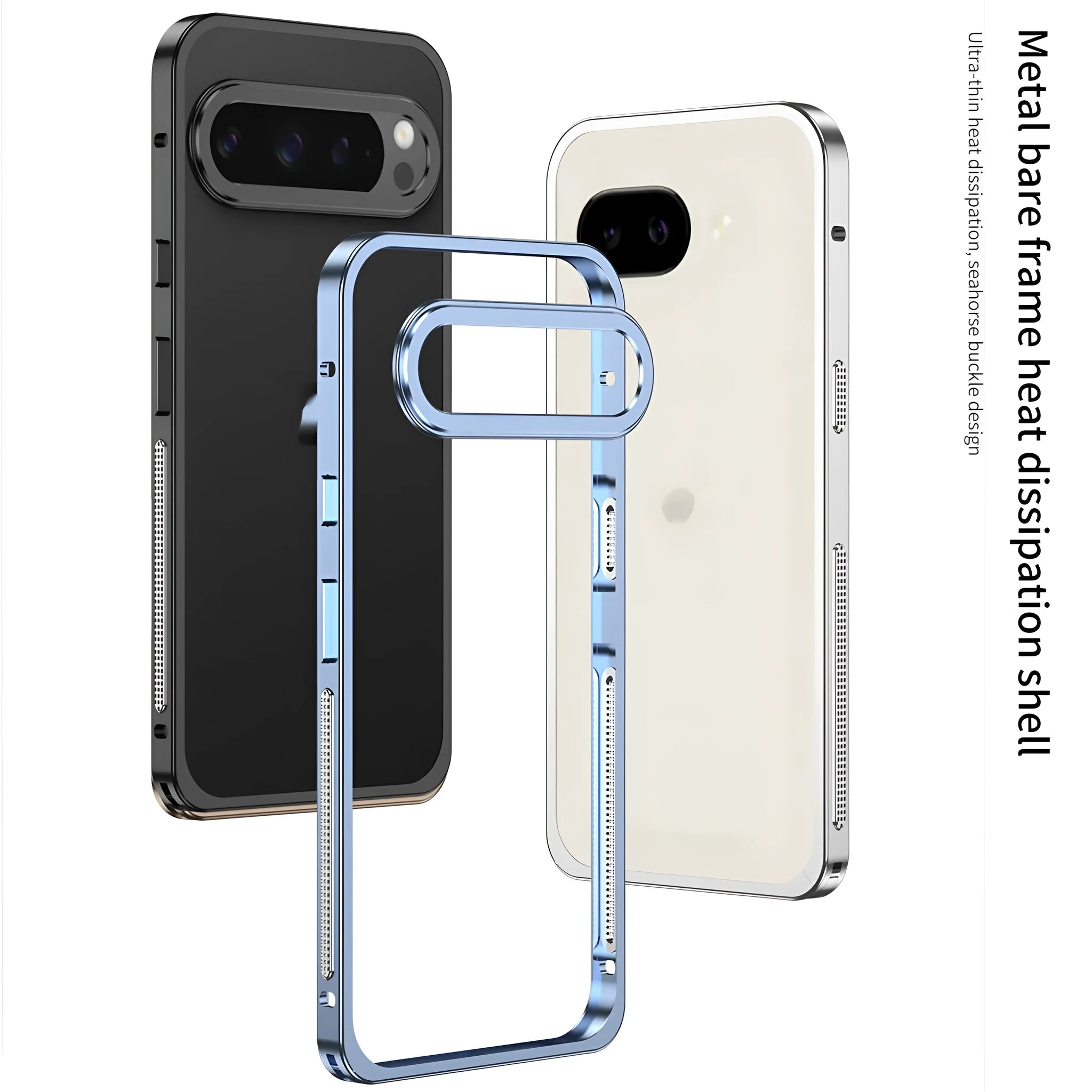 Aluminum alloy heat dissipation phone case for Google Pixel 9 in black, showing half-pack design and bracket.