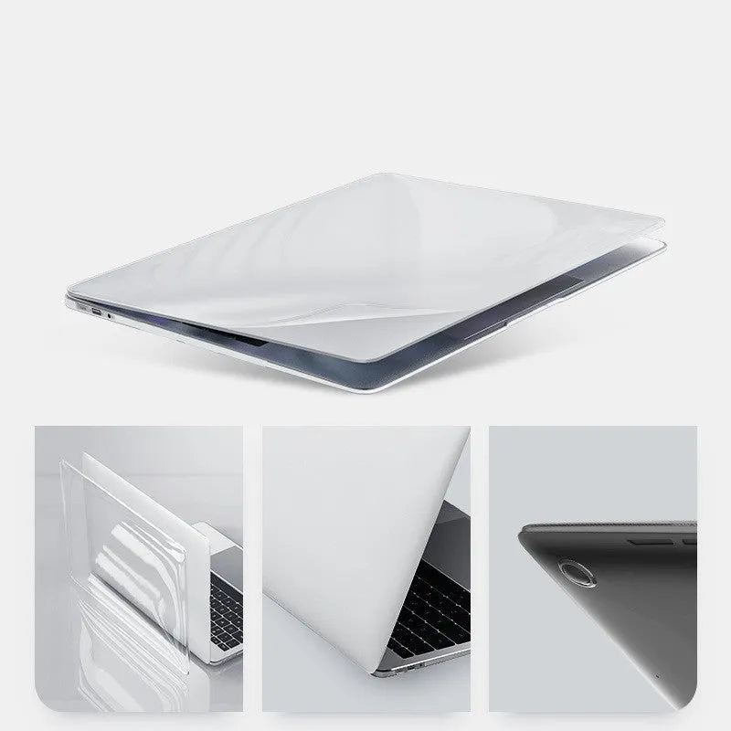 Black and transparent PC hard shell protective cases for Apple MacBook Pro 14-inch and 16-inch laptops.