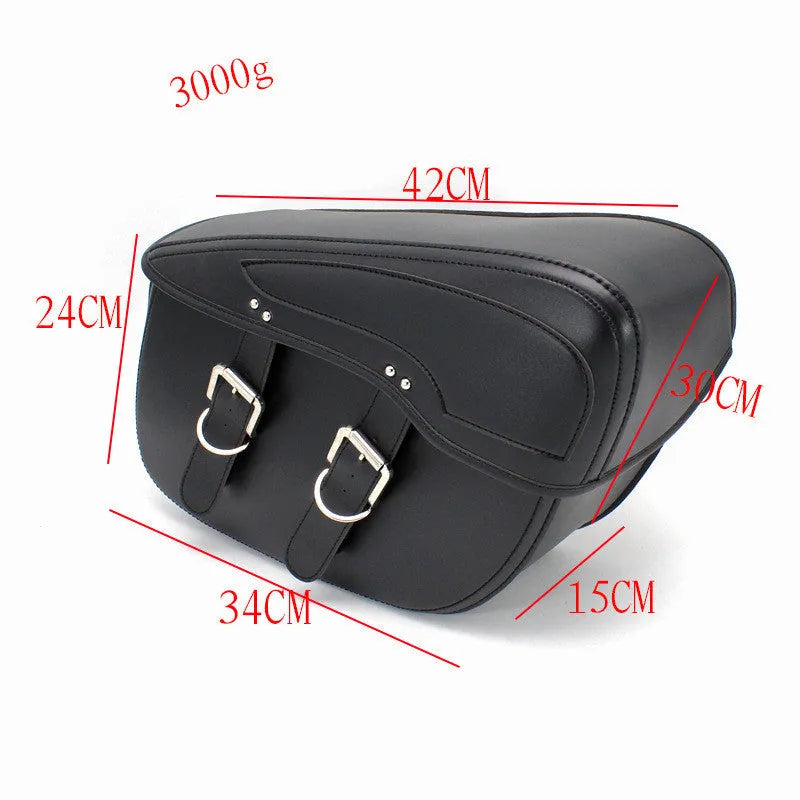 Retro brown PU leather motorcycle saddle bag mounted on bike side, showing dimensions.