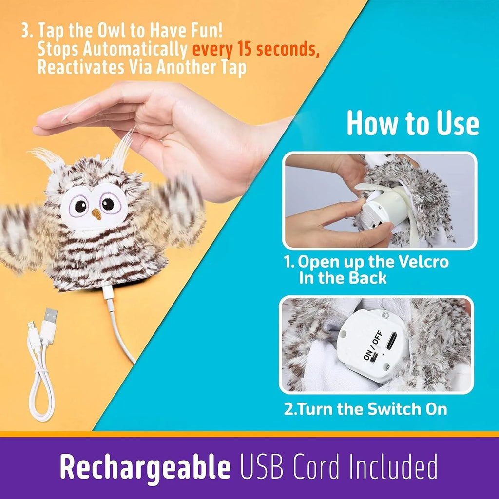 Gray rechargeable automatic chirping owl cat toy with flapping wings