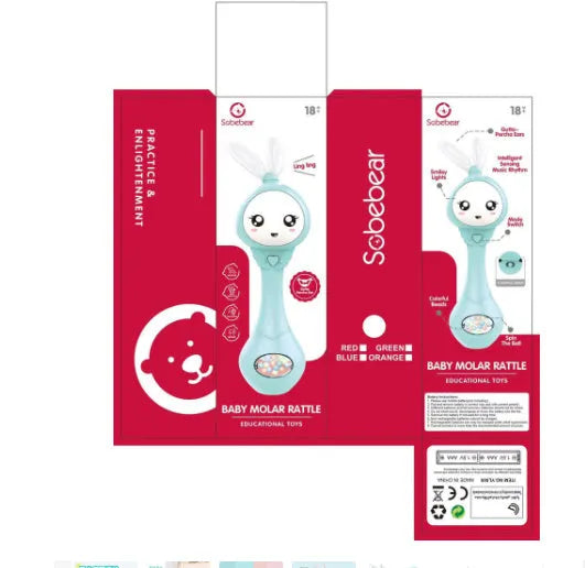 Baby musical teething stick toy in light blue, mint green, orange or pink with safe ABS plastic chewing surfaces