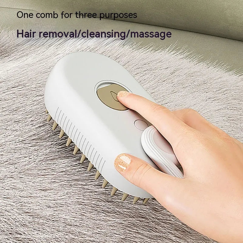 3-in-1 electric steam pet brush in milk brown with silicone bristles and ergonomic handle
