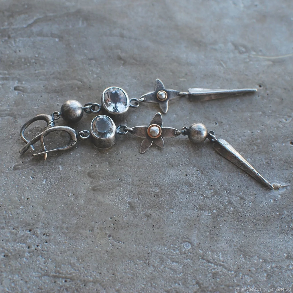 Geometric antique silver plated long pendant earrings with XINGX design and rhinestone detailing