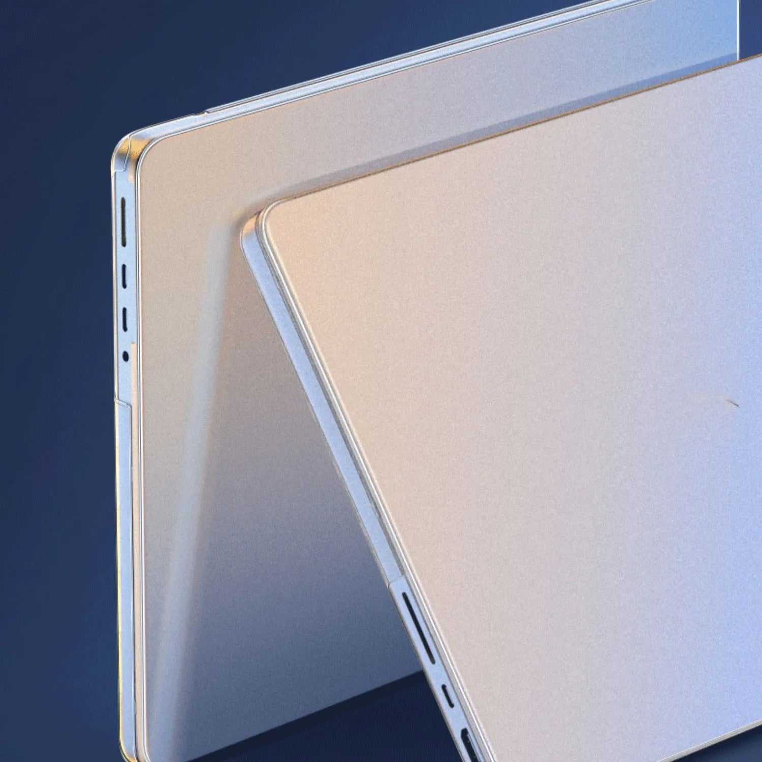 Ultra-thin frosted MacBook protective case showing four-corner coverage and keyboard film