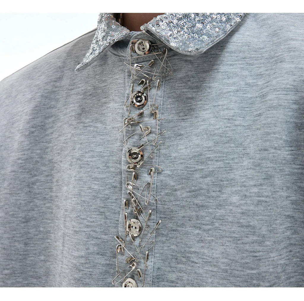 Loose fit black sequined square neck short sleeve shirt with metal decoration detail