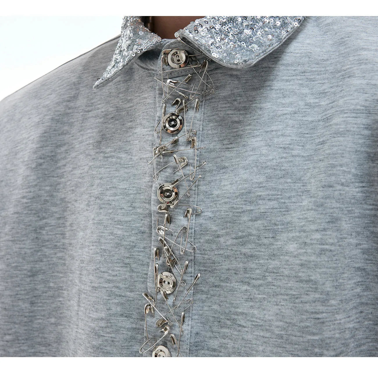 Loose fit black sequined square neck short sleeve shirt with metal decoration detail
