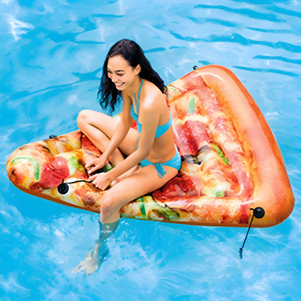 Large inflatable pizza-themed surfboard float for pools and beaches