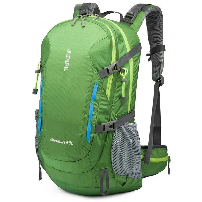 Unisex nylon hiking backpack in green, blue, black, or rose red with 36–55 litre capacity