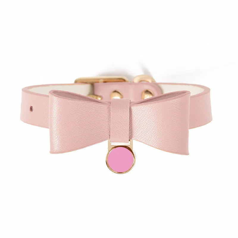 Brown leather cat collar with buckle, shown alongside other colour options: black, apricot, pink, blue, and green.
