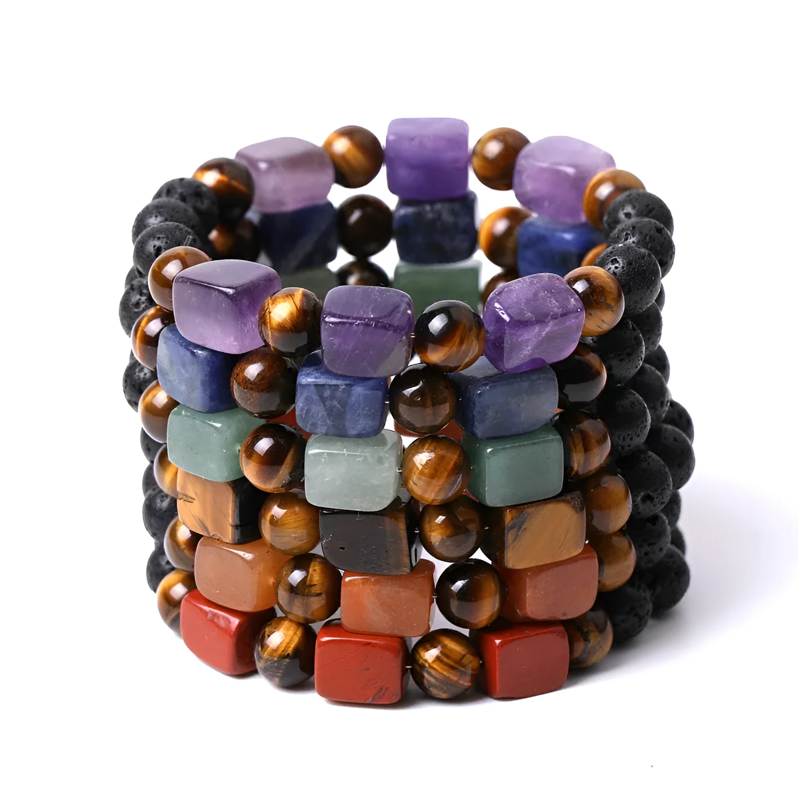 Manual square stone bracelet with colourful 8mm amethyst and volcanic stone beads on wrist.