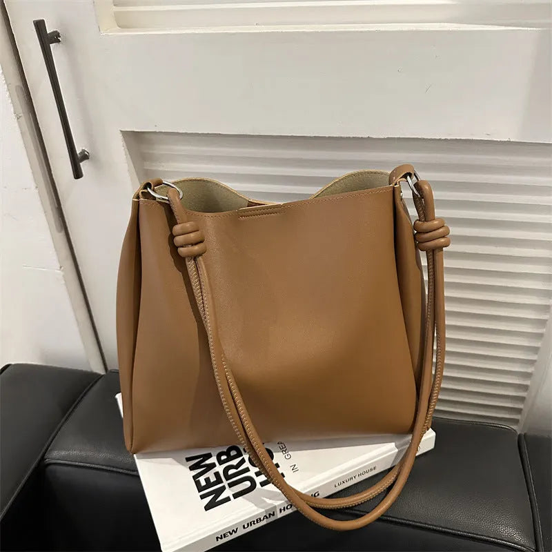 Women's crossbody tote bag in retro bucket shape, PU material, available in yellow brown, brown, black, khaki, with sewing line detail