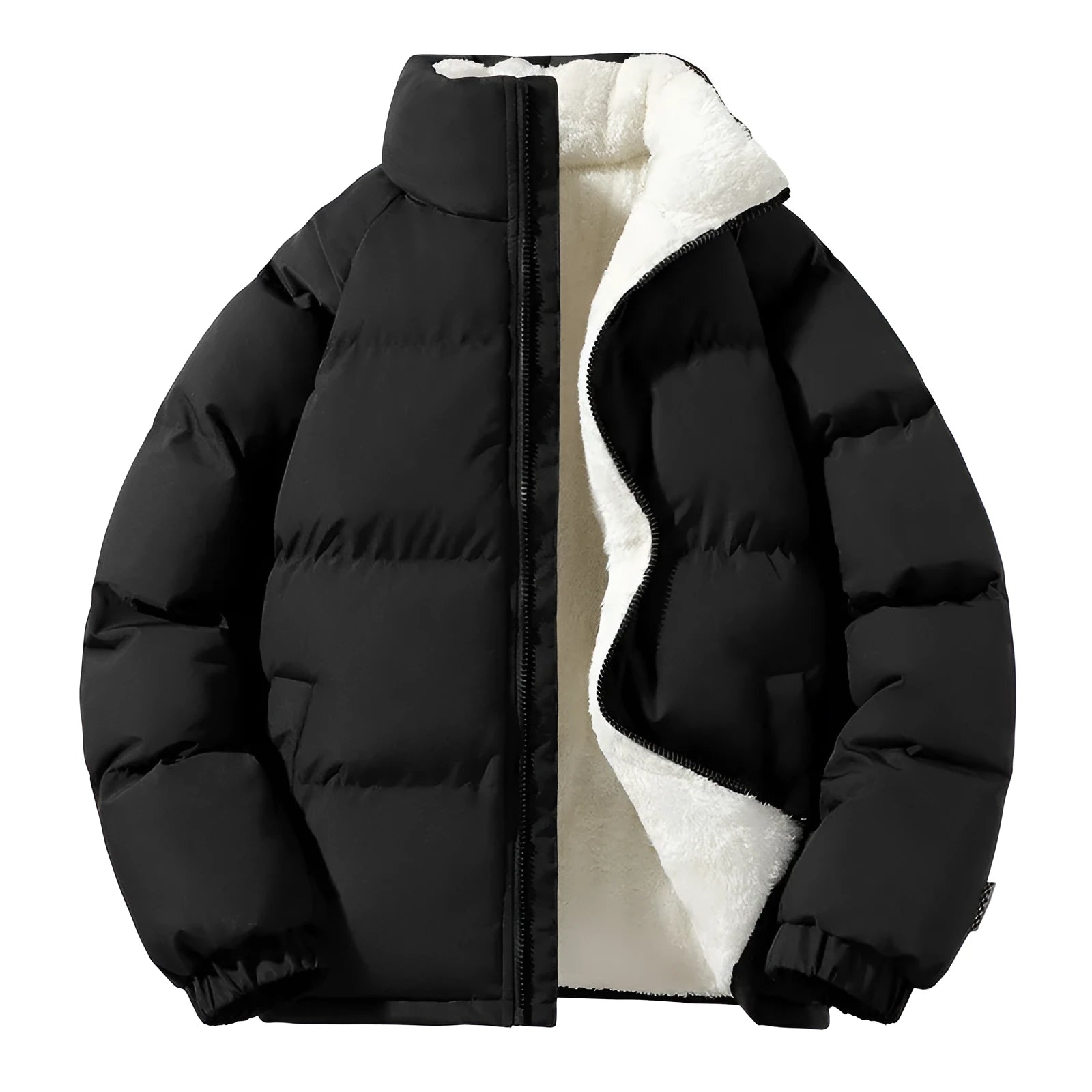 Men's thickened plus size stand-up collar downcotton-padded jacket in black, loose fit, side pockets, solid colour winter coat