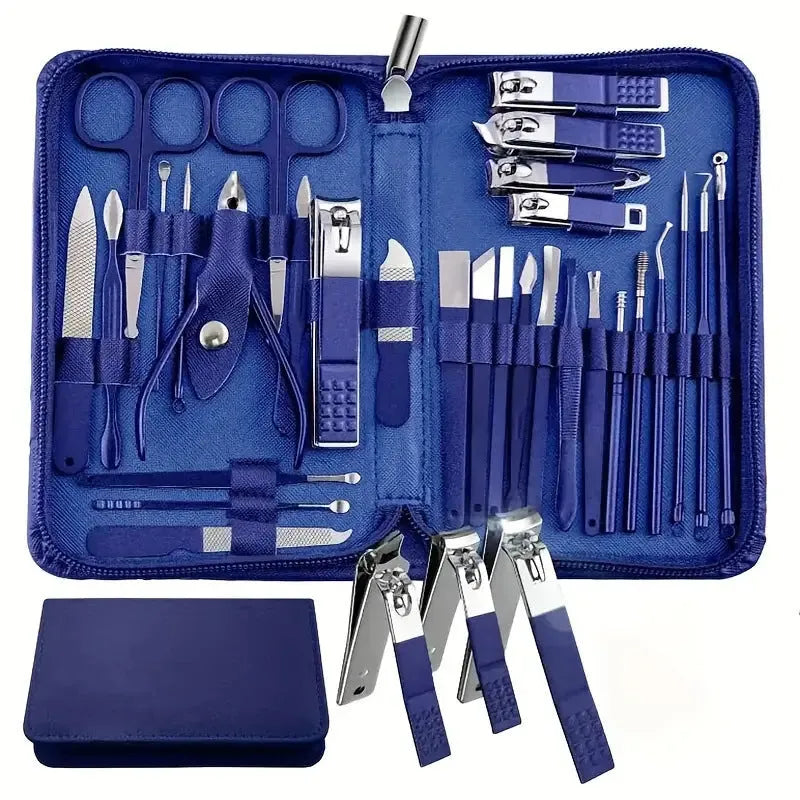 30-piece stainless steel nail tool set displayed with cuticle pusher, nail clipper and foot file