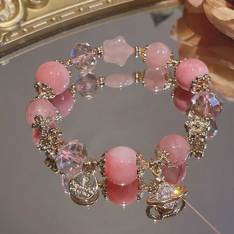 Women's snowflake pendant bow bracelet with heart charm in galaxy colour electroplated finish