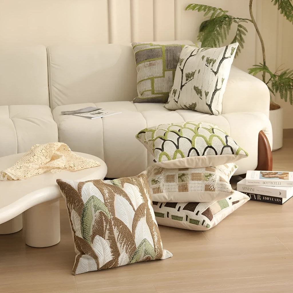 45cm square jacquard floral cushion cover in a Nordic-style pattern on a sofa.