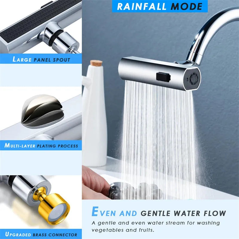 Kitchen faucet nozzle extension with rotating waterfall outlet in black or silver finish