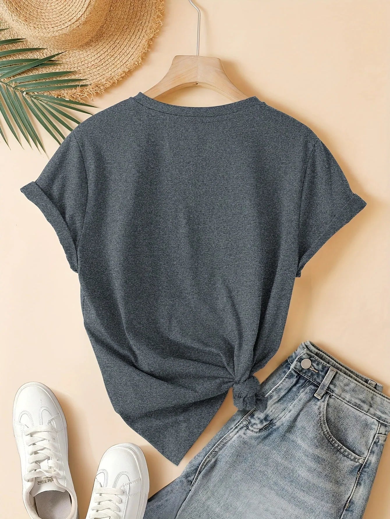 Women's short sleeve cotton t-shirt with Chinese art retro print, shown in dark grey