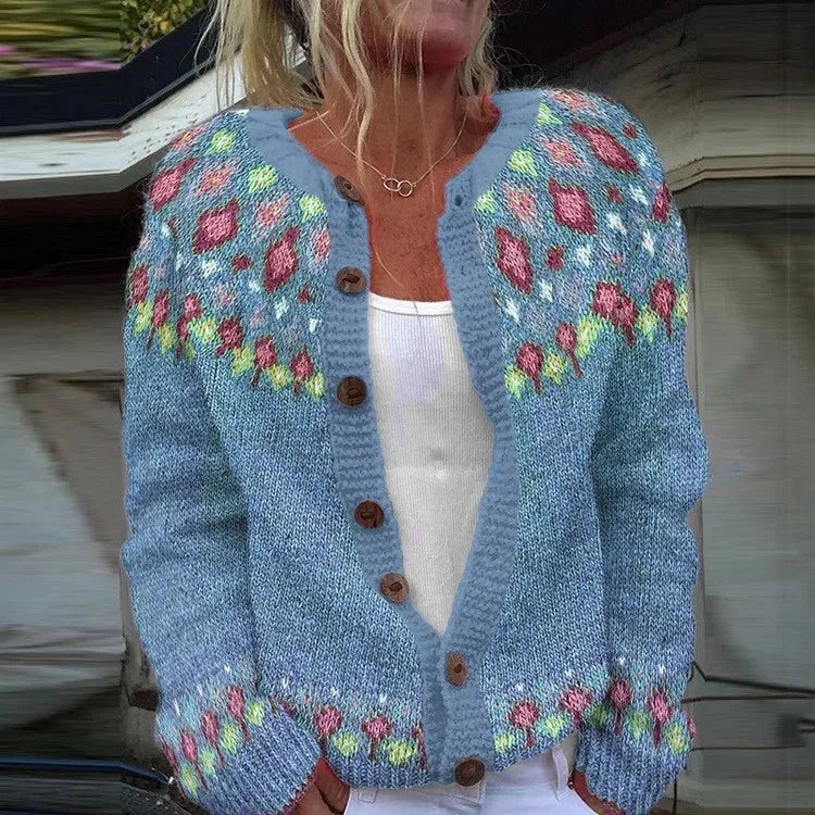 Colour-blocked loose fit cardigan sweater in acrylic fibre jacquard knit open front women's size S-5XL