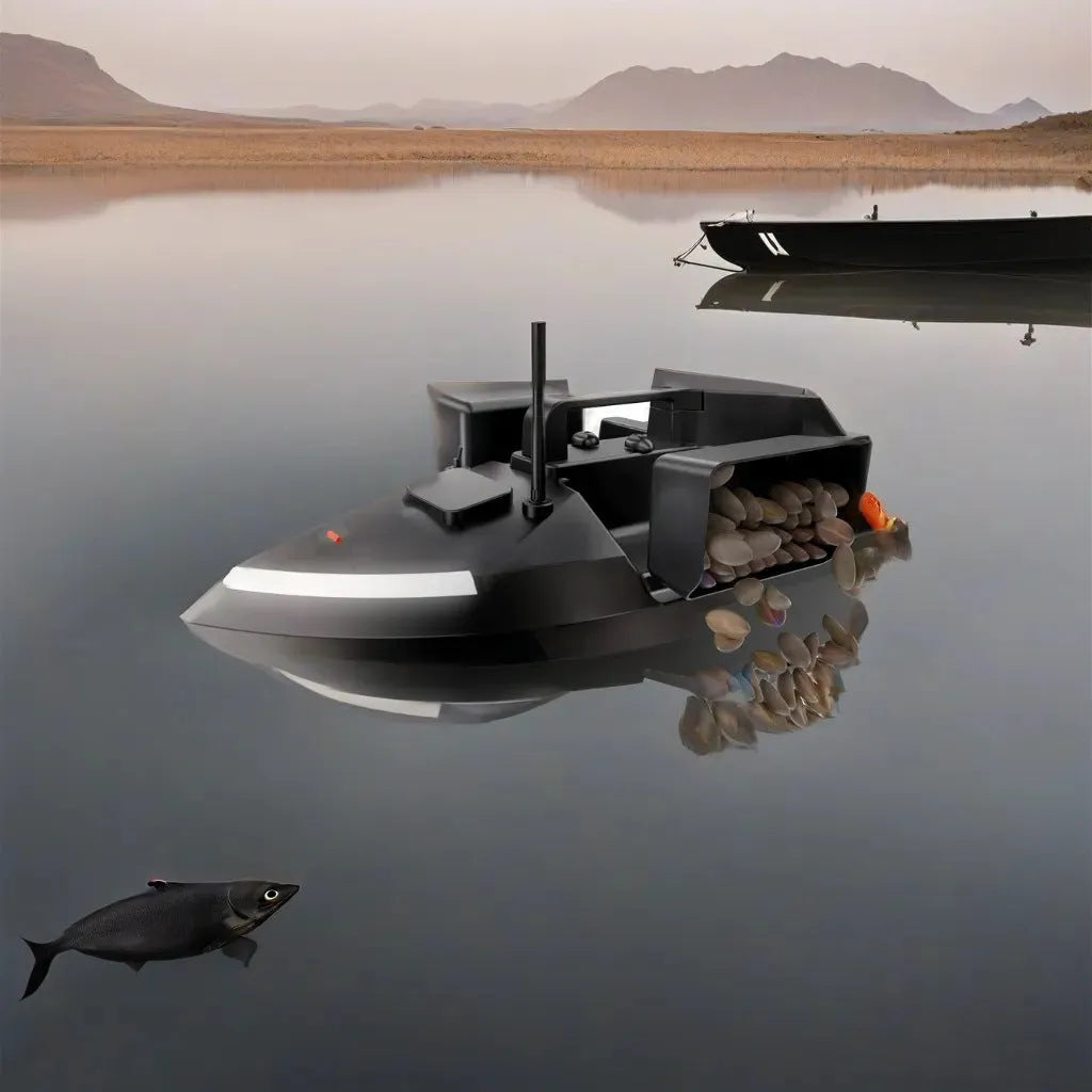 Black GPS remote control fishing boat with antenna on a calm lake