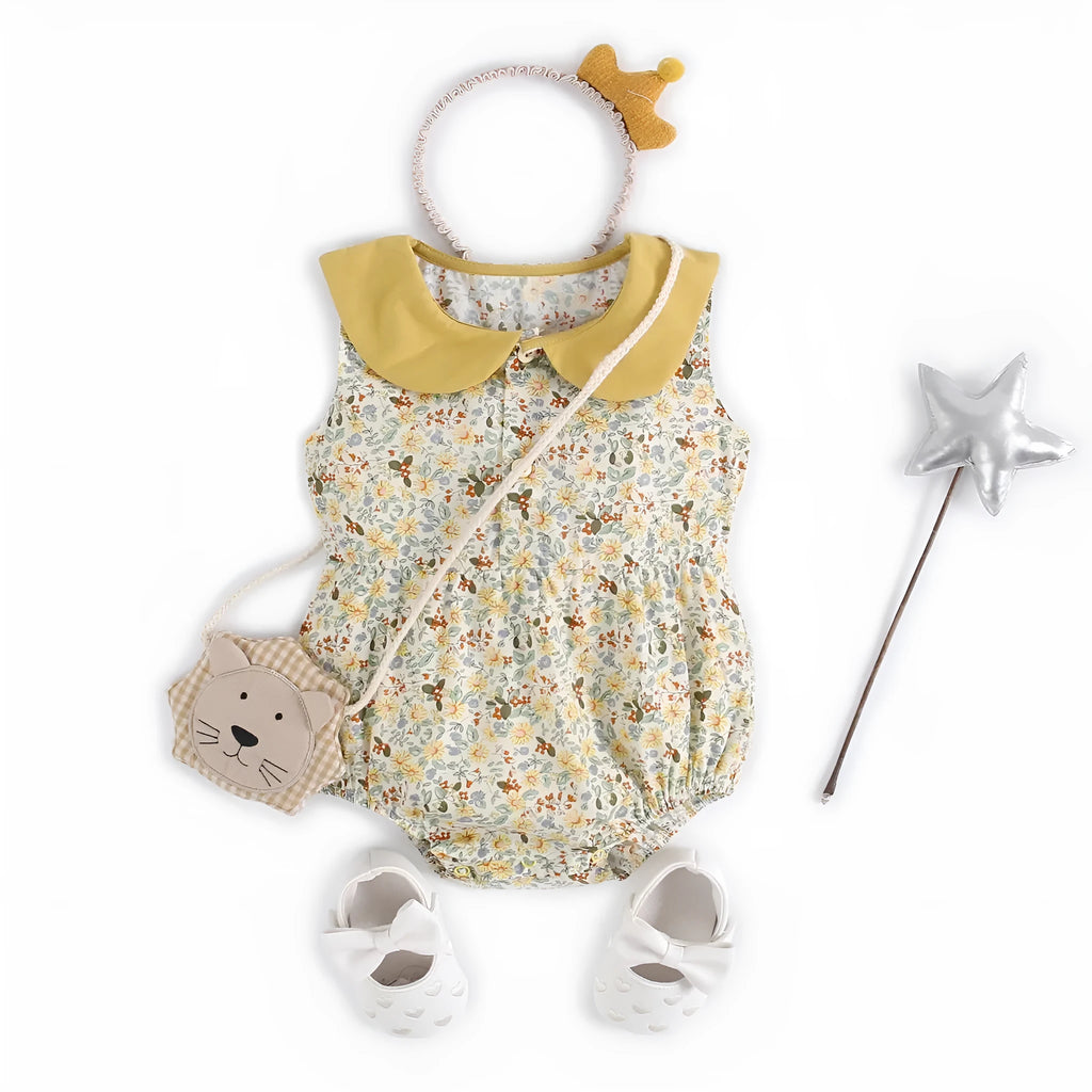Yellow floral cotton baby romper with doll collar for girls, triangle jumpsuit style