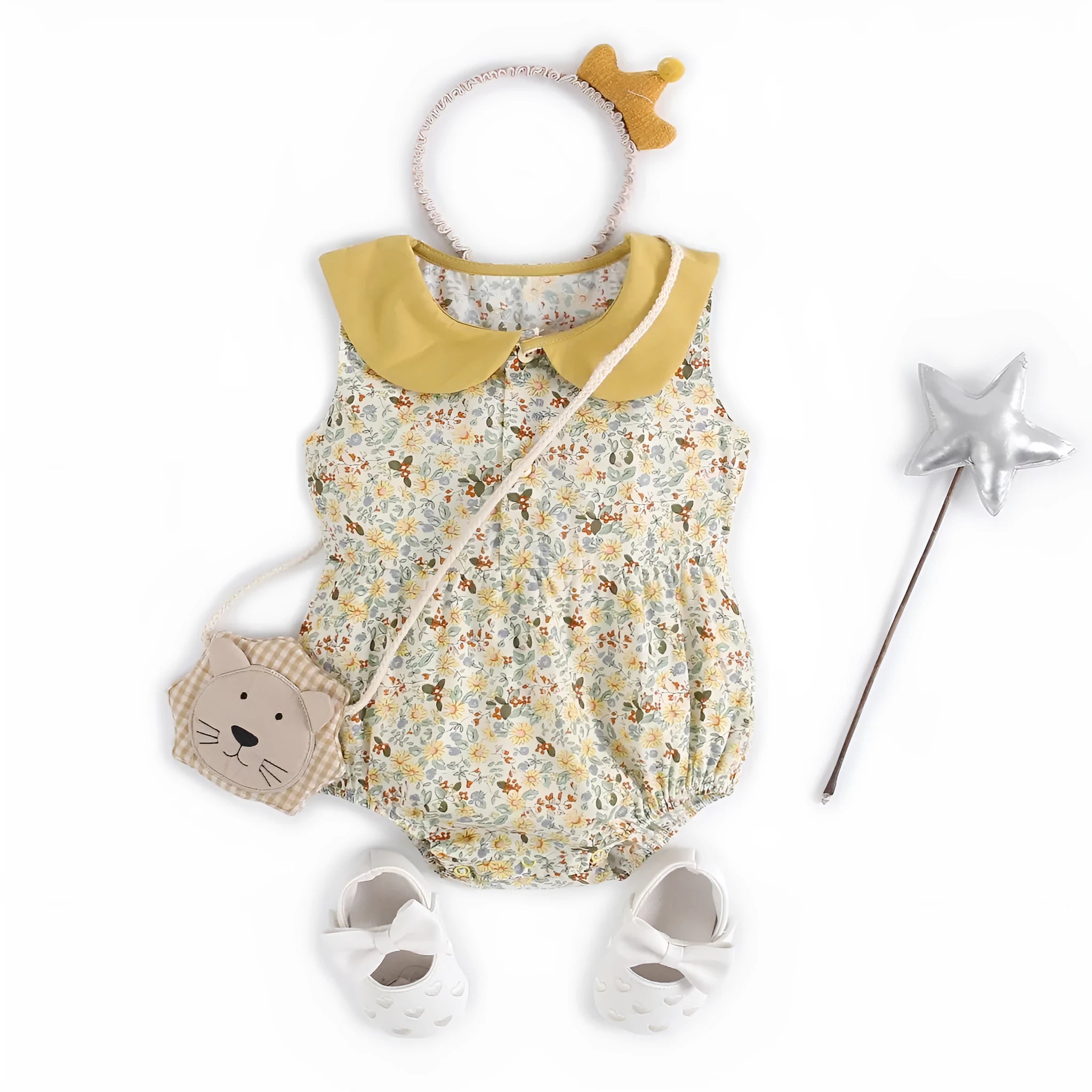 Yellow floral cotton baby romper with doll collar for girls, triangle jumpsuit style