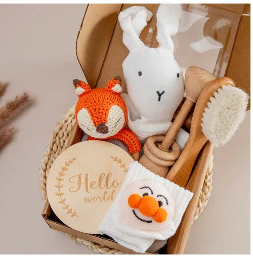 Baby teething toy set with bamboo blanket, wooden teether, bell, tyre brush and milestone for infant development