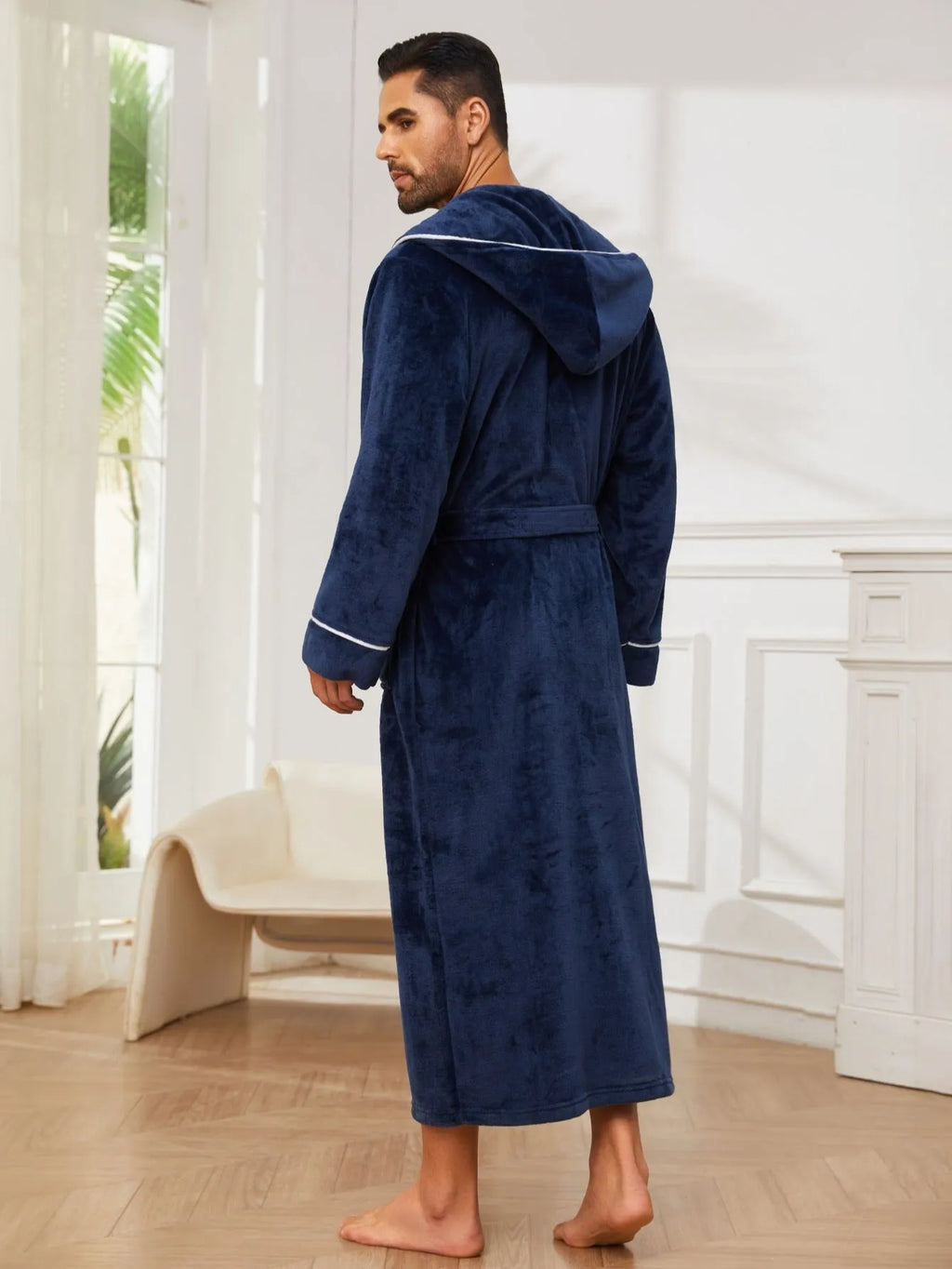 Men's grey flannel bathrobe set on hanger showing European/American style cut