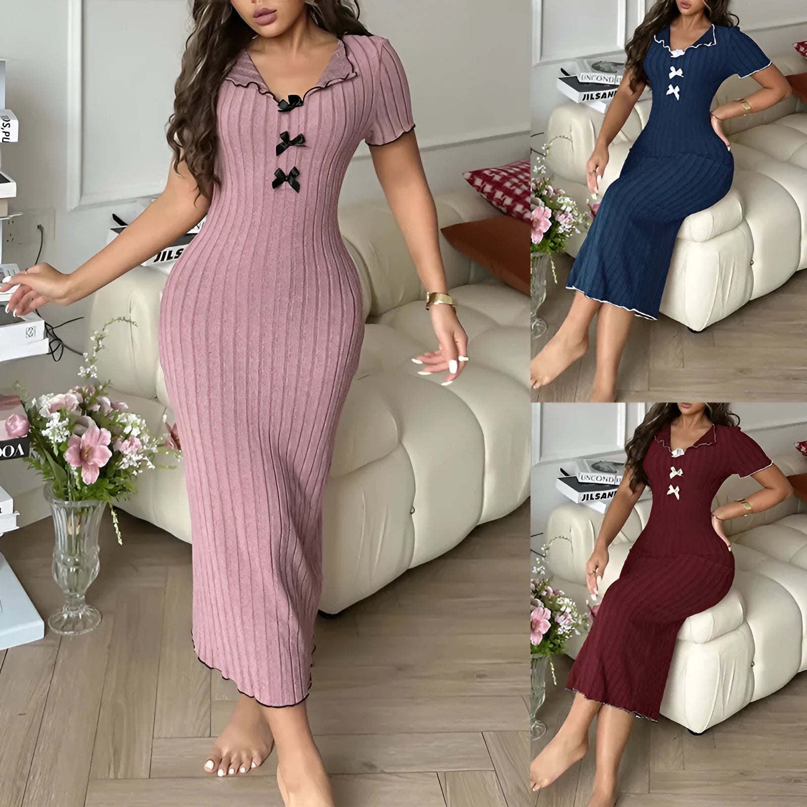 Jumpsuit style nightgown mid length dress in polyester with three-quarter sleeves, available in Light Purple, Dark Blue, Dark Red