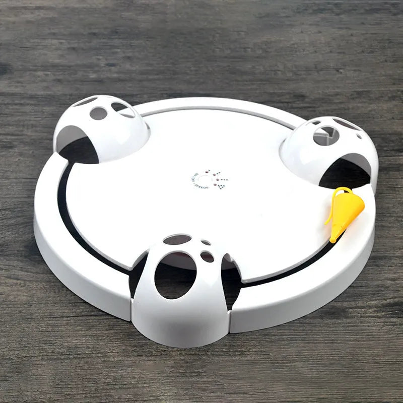 White electric cat toy turntable with mouse design on rotating ABS base, 32cm diameter