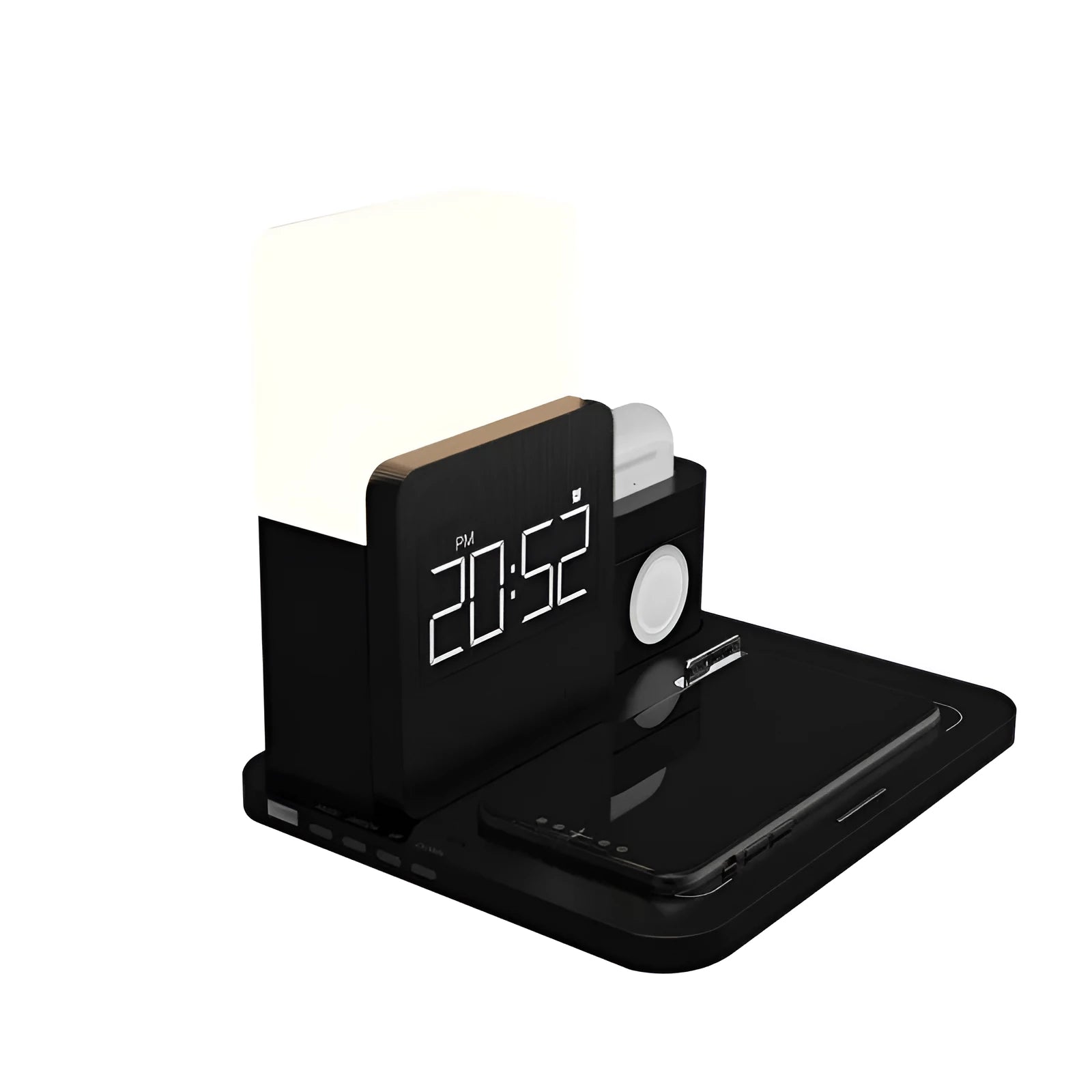 Dark green foldable Qi wireless charger stand with LED clock display charging a smartphone