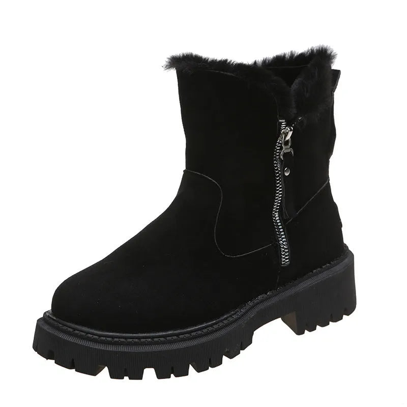 Women's black faux suede high-top snow boots with side zip and thick faux fur lining visible at the ankle.
