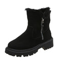 Women's black faux suede high-top snow boots with side zip and thick faux fur lining visible at the ankle.