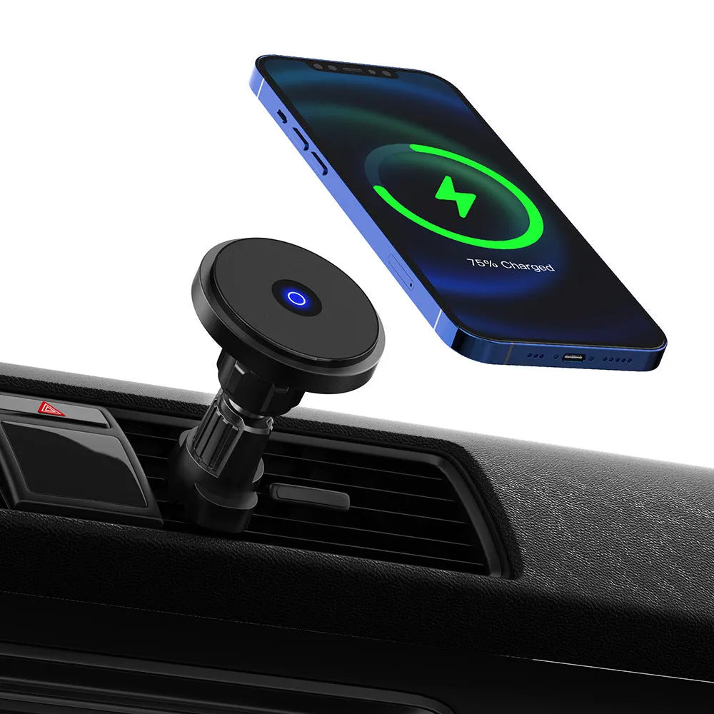 Silver 15W magnetic wireless car charger mounted on vehicle air vent with phone attached