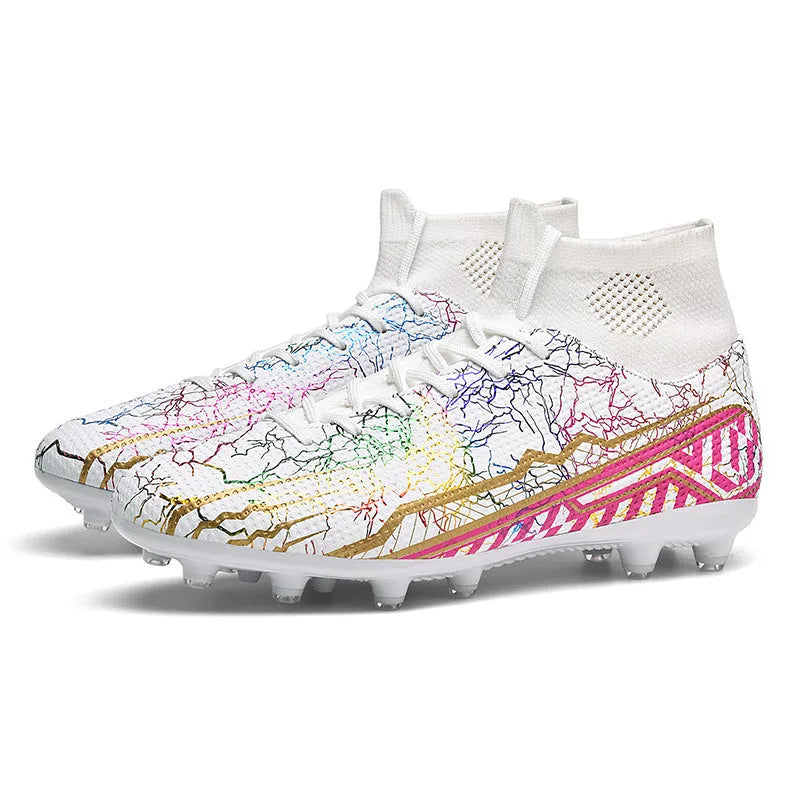 High-top youth spike turf soccer shoes in spike-black with rubber sole and PVC upper on artificial grass