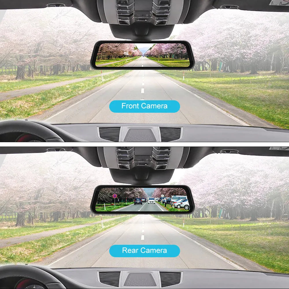 9.66-inch HD in-mirror driving recorder monitor with dash cam and waterproof rear view camera kit.