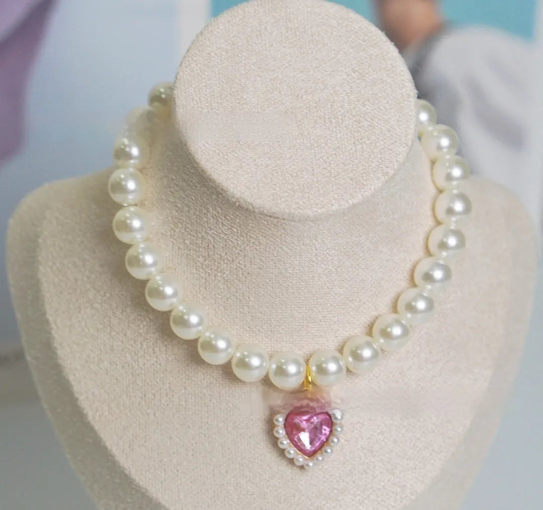Plastic alloy resin pearl necklace cat collar with love gem charm in multiple colours