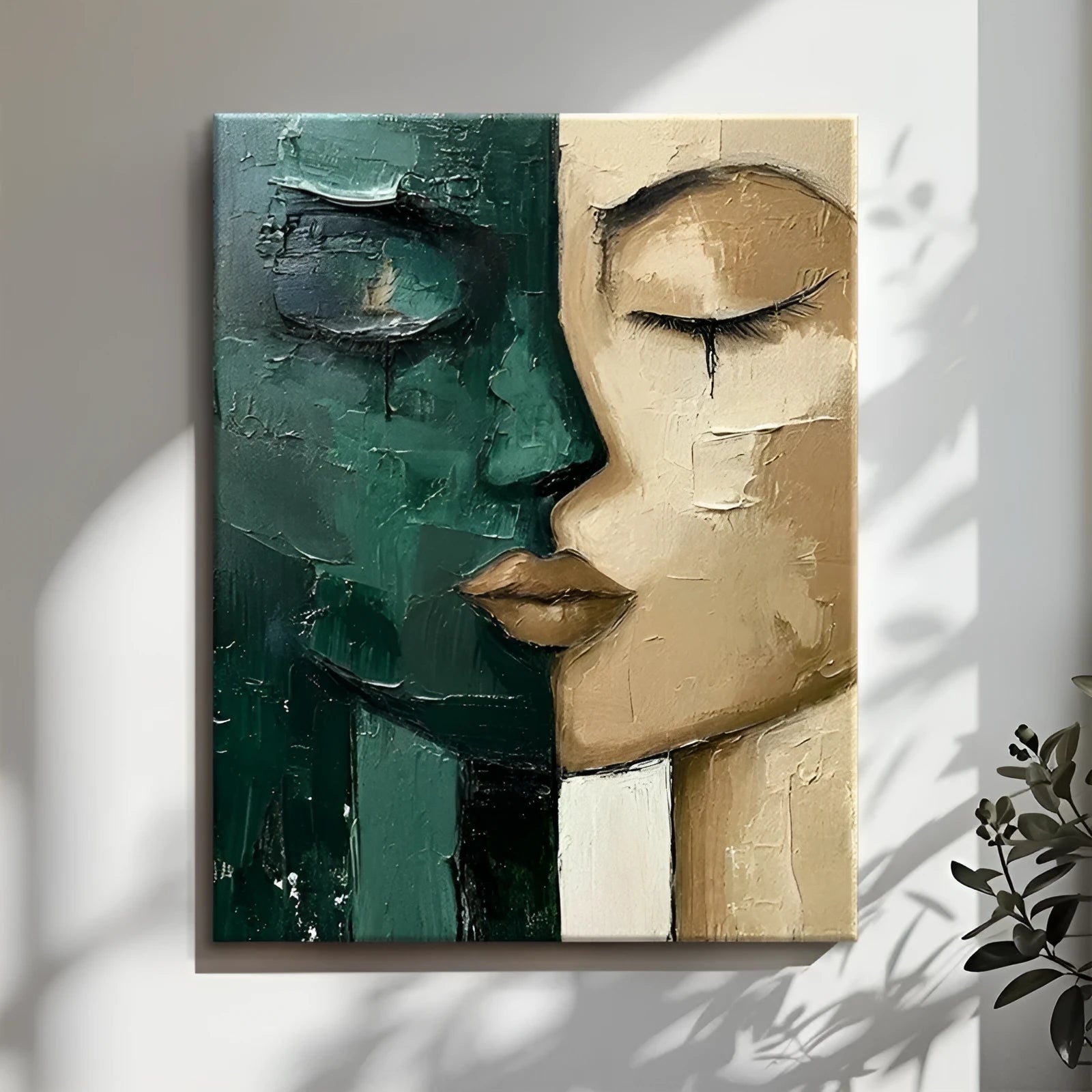 Hand-painted oil painting modern art green and beige face on canvas wall decor