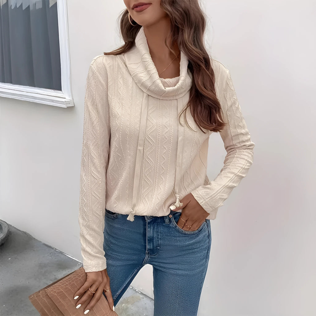 Apricot coloured hooded pullover sweater with long sleeves and drawstring waist
